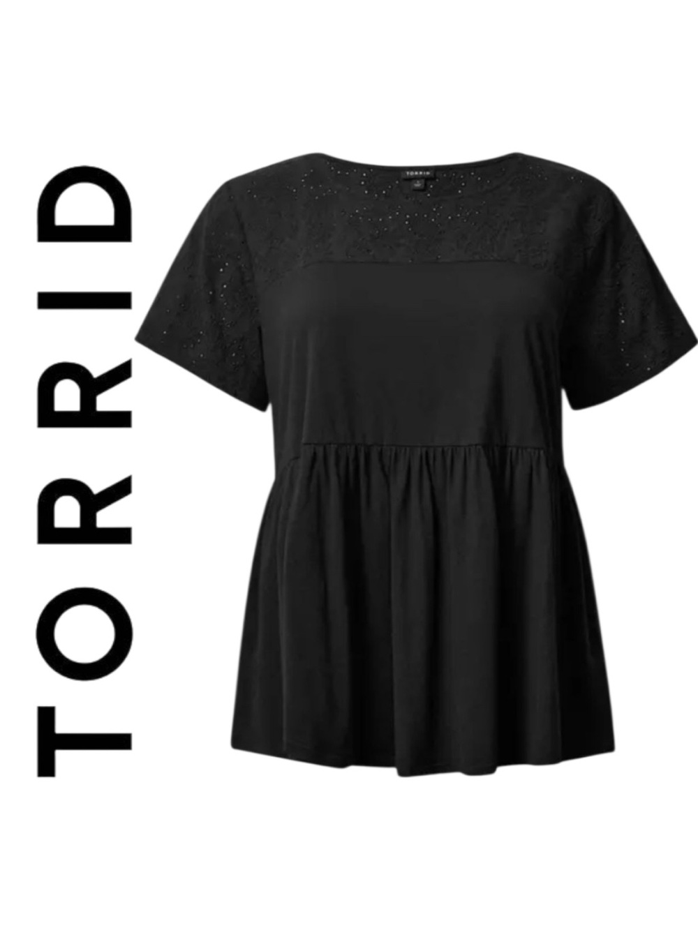 NWOT Torrid Vintage Cotton Jersey Crew Neck Black Eyelet Yoke Top